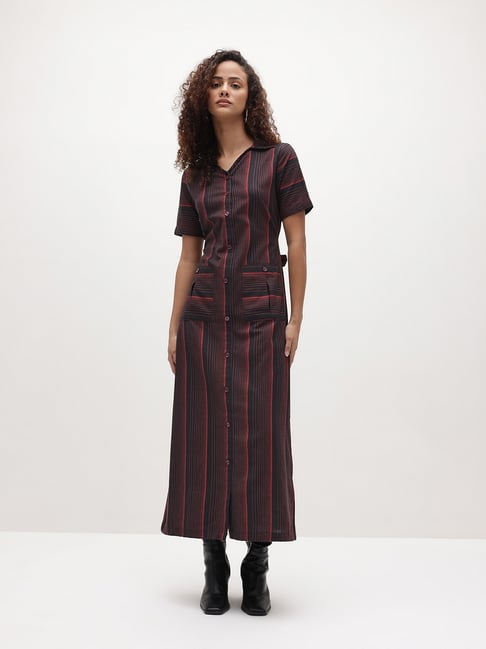 Cottinfab Black Cotton Striped Regular Fit Maxi Shirt Dress-picture-14