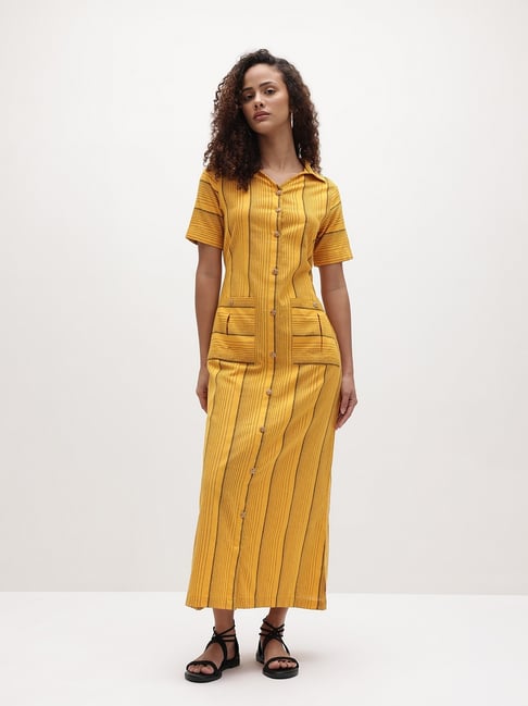 Cottinfab Mustard Cotton Striped Regular Fit Maxi Shirt Dress-picture-17