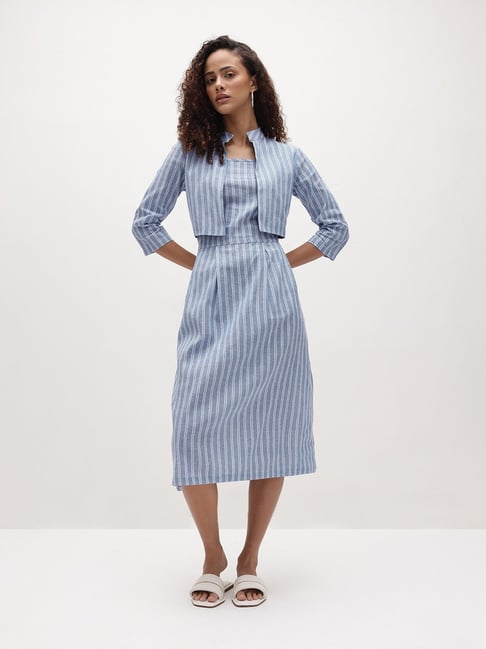 Cottinfab Blue Cotton Striped Layered Fit & Flare Regular Fit Midi Dress-picture-34
