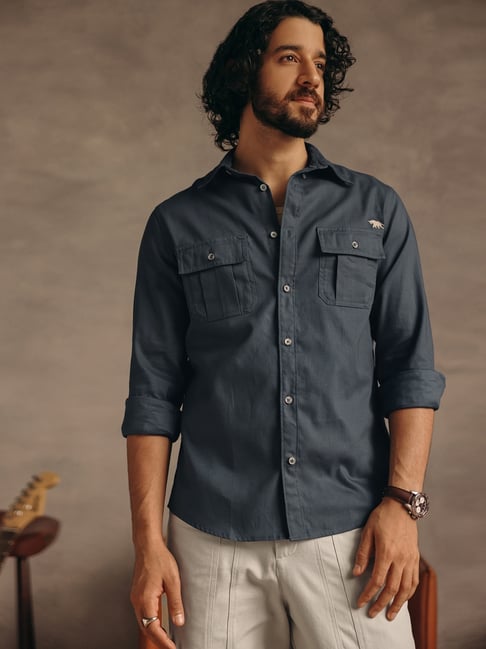 Andamen Dark Blue Cotton Slim Fit Shirt-picture-48