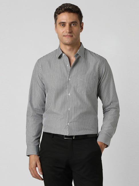 Peter England Black Cotton Slim Fit Striped Shirt-picture-18