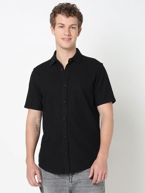 R&B Black Regular Fit Self Pattern Shirt-picture-21