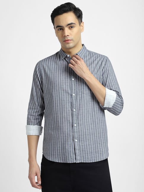 R&B Grey Cotton Regular Fit Striped Shirt-picture-28