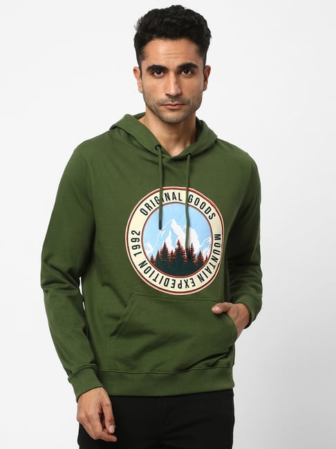 R&B Olive Cotton Regular Fit Printed Hoodie-picture-18