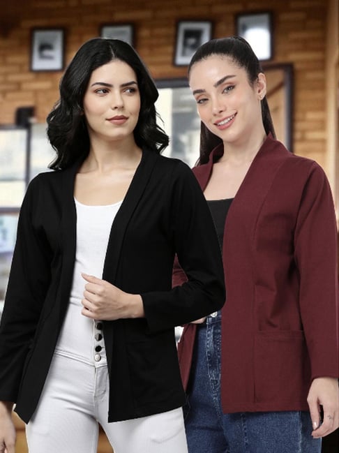 Kryptic Black and Burgundy Cotton Solid Open Front Shrug with Pockets, Pack of 2