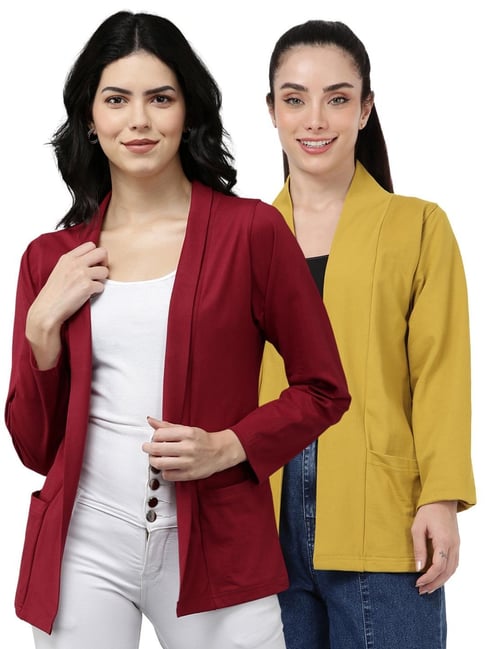 Kryptic Maroon and Rust Yellow Cotton Solid Open Front Shrug with Pockets, Pack of 2