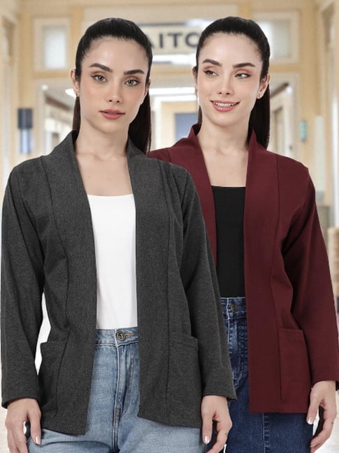 Kryptic Charcoal Melange and Burgundy Cotton Solid Open Front Shrug with Pockets, Pack of 2-picture-48