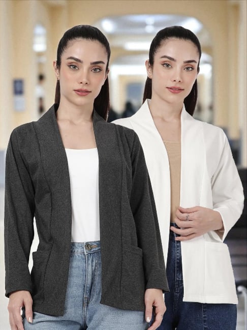 Kryptic Charcoal Melange and Off White Cotton Solid Open Front Shrug with Pockets, Pack of 2-picture-47