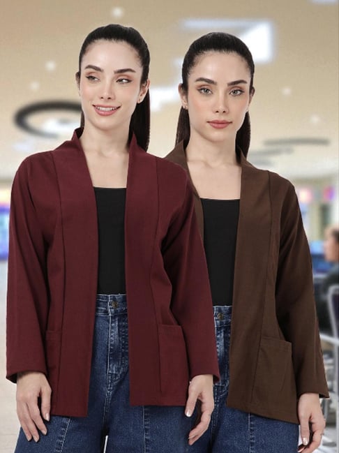 Kryptic Burgundy and Dark Brown Cotton Solid Open Front Shrug with Pockets, Pack of 2-picture-16