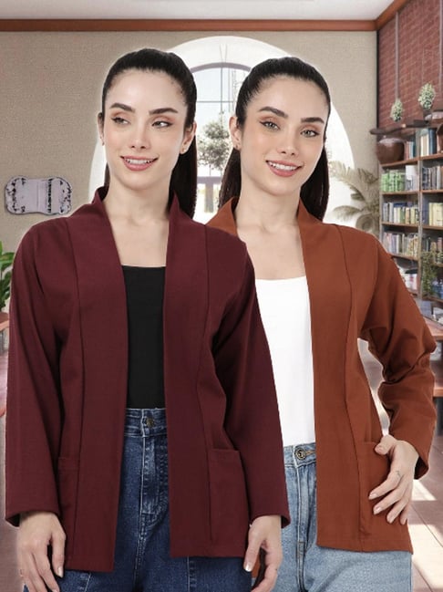 Kryptic Burgundy and Light Brown Cotton Solid Open Front Shrug with Pockets, Pack of 2-picture-31