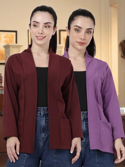 Kryptic Burgundy and Purple Cotton Solid Open Front Shrug with Pockets, Pack of 2-picture-25