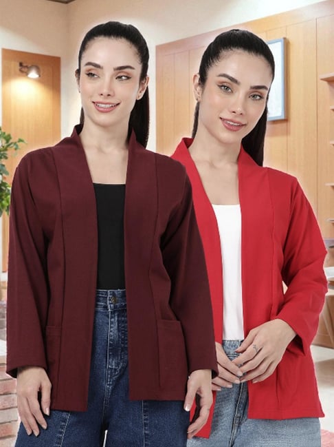 Kryptic Burgundy and Red Cotton Solid Open Front Shrug with Pockets, Pack of 2-picture-35