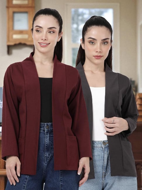 Kryptic Burgundy and Elephant Grey Cotton Solid Open Front Shrug with Pockets, Pack of 2-picture-30