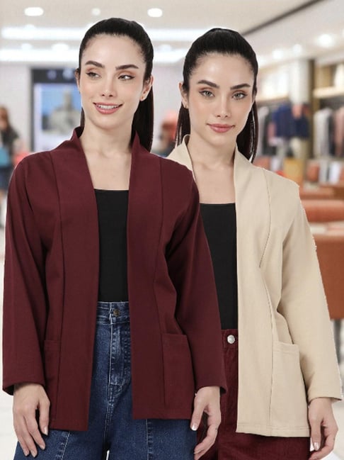 Kryptic Burgundy and Light Fawn Cotton Solid Open Front Shrug with Pockets, Pack of 2-picture-18