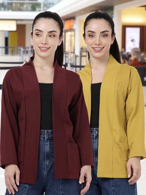 Kryptic Burgundy and Rust Yellow Cotton Solid Open Front Shrug with Pockets, Pack of 2-picture-22