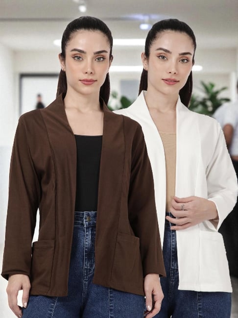 Kryptic Dark Brown and Off White Cotton Solid Open Front Shrug with Pockets, Pack of 2-picture-34