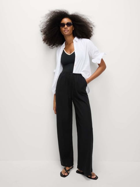 Marks & Spencer Black Linen Blend Wide Leg Trousers-picture-26