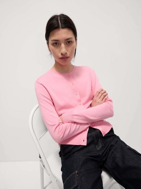 Marks & Spencer Pink Crew Neck Button Front Cardigan