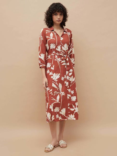 Colour Me By Melange Brown Regular Fit Floral Print Dress