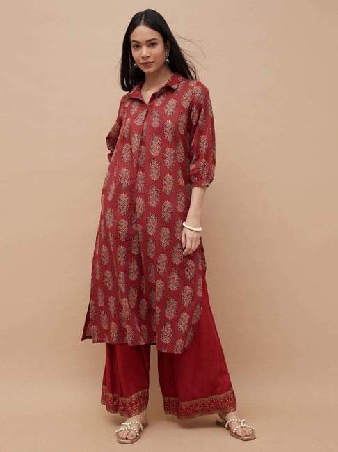 Melange By Lifestyle Maroon Cotton Regular Fit Printed Kurta