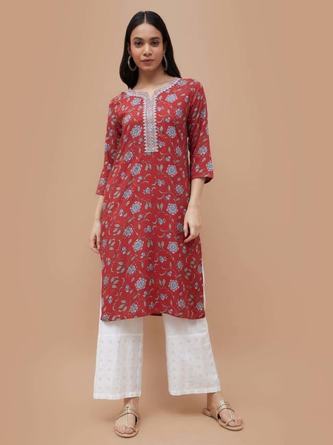 Melange By Lifestyle Maroon Regular Fit Floral Print Kurta-picture-26
