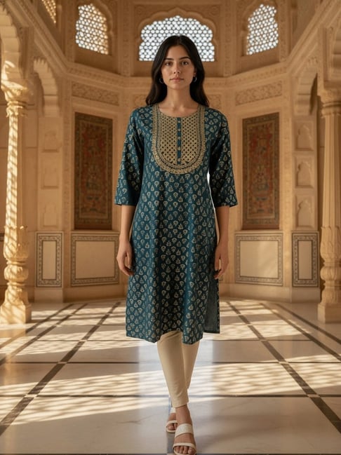 Rangita Teal Zari Three-Quarter Sleeves Kurta-picture-13