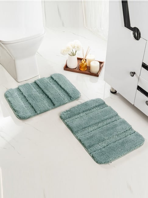 Saral Home Green Polyester Fluffy Soft Bathmat - Set of 2 (35x50 cm)
