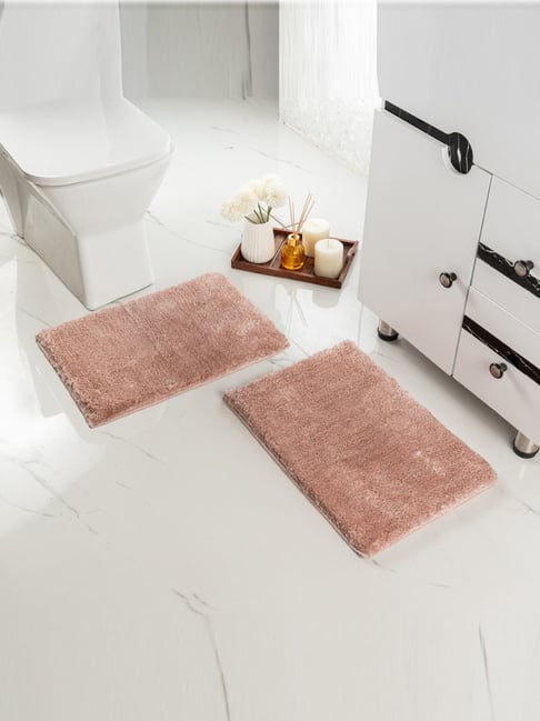 Saral Home Pink Polyester Non Slip Fluffy Bathmat - Set of 2(35x50 cm)