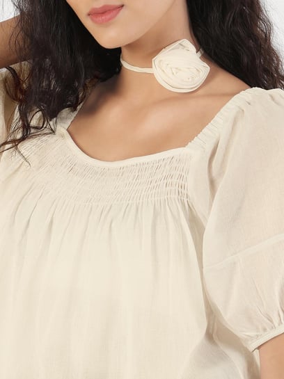 SHOWOFFFF Women's Solid Cream Puff Sleeve Relaxed Fit Top