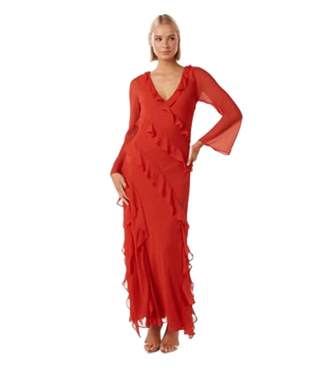 knee length dresses for ladies Rent Forever New Long Sleeve Cut Out Maxi Dress In Orange main image 1