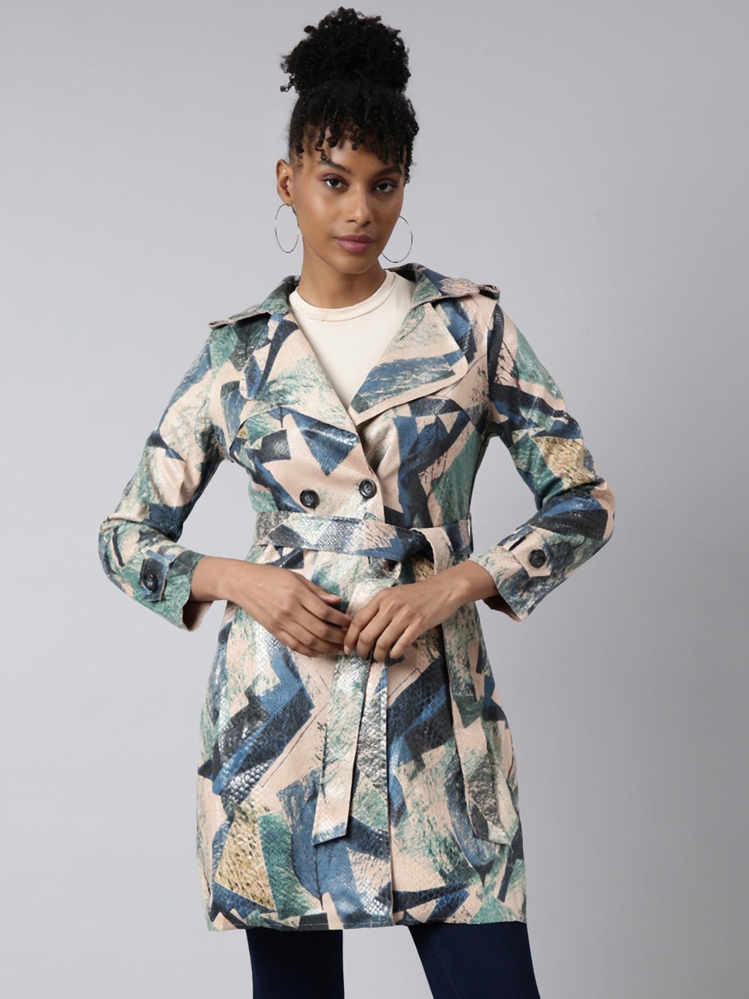 SHOWOFFFF Green Printed Trench Coat