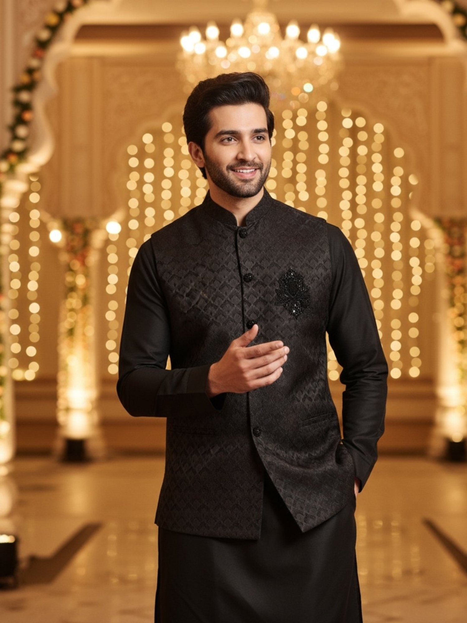 Kisah Black Regular Fit Embellished Nehru Jacket