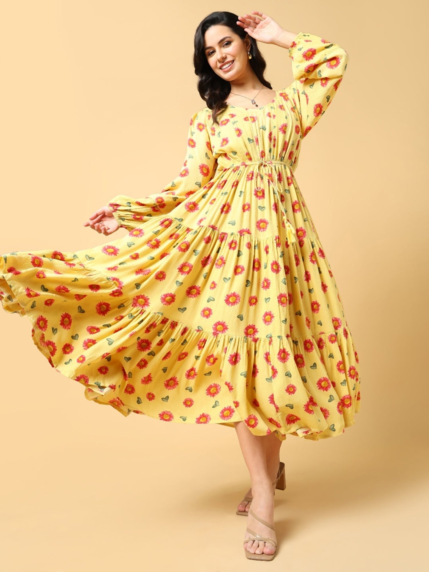 SHOWOFFFF Yellow & Pink Floral Print Midi Dress