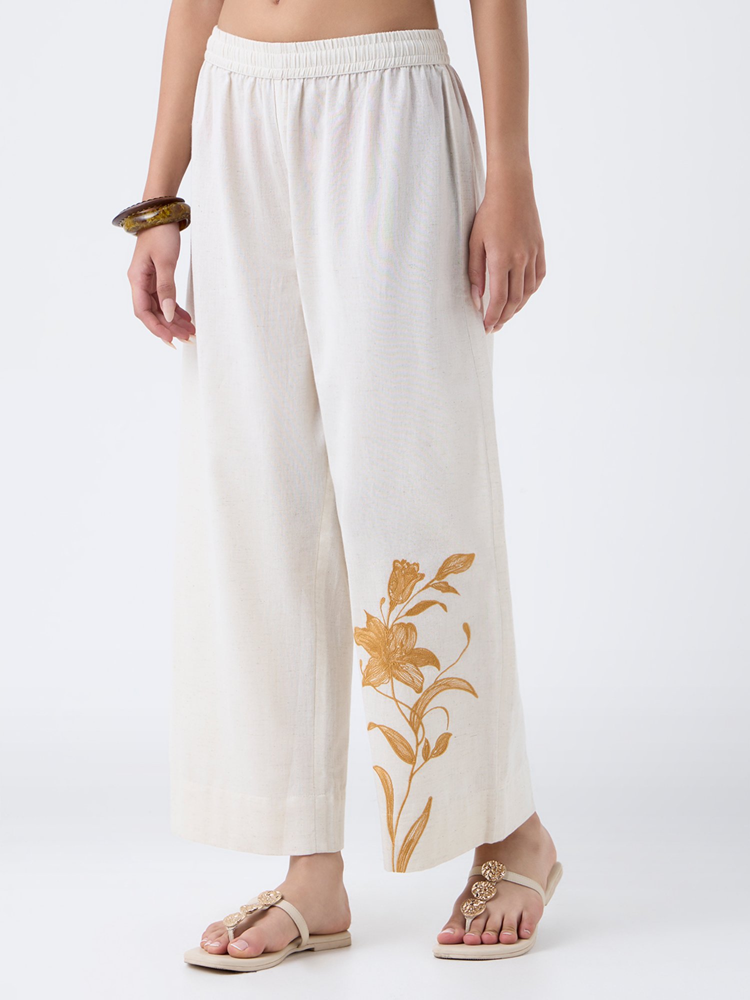 Utsa by Westside Off-White Floral Embroidered Cotton-Blend Pants