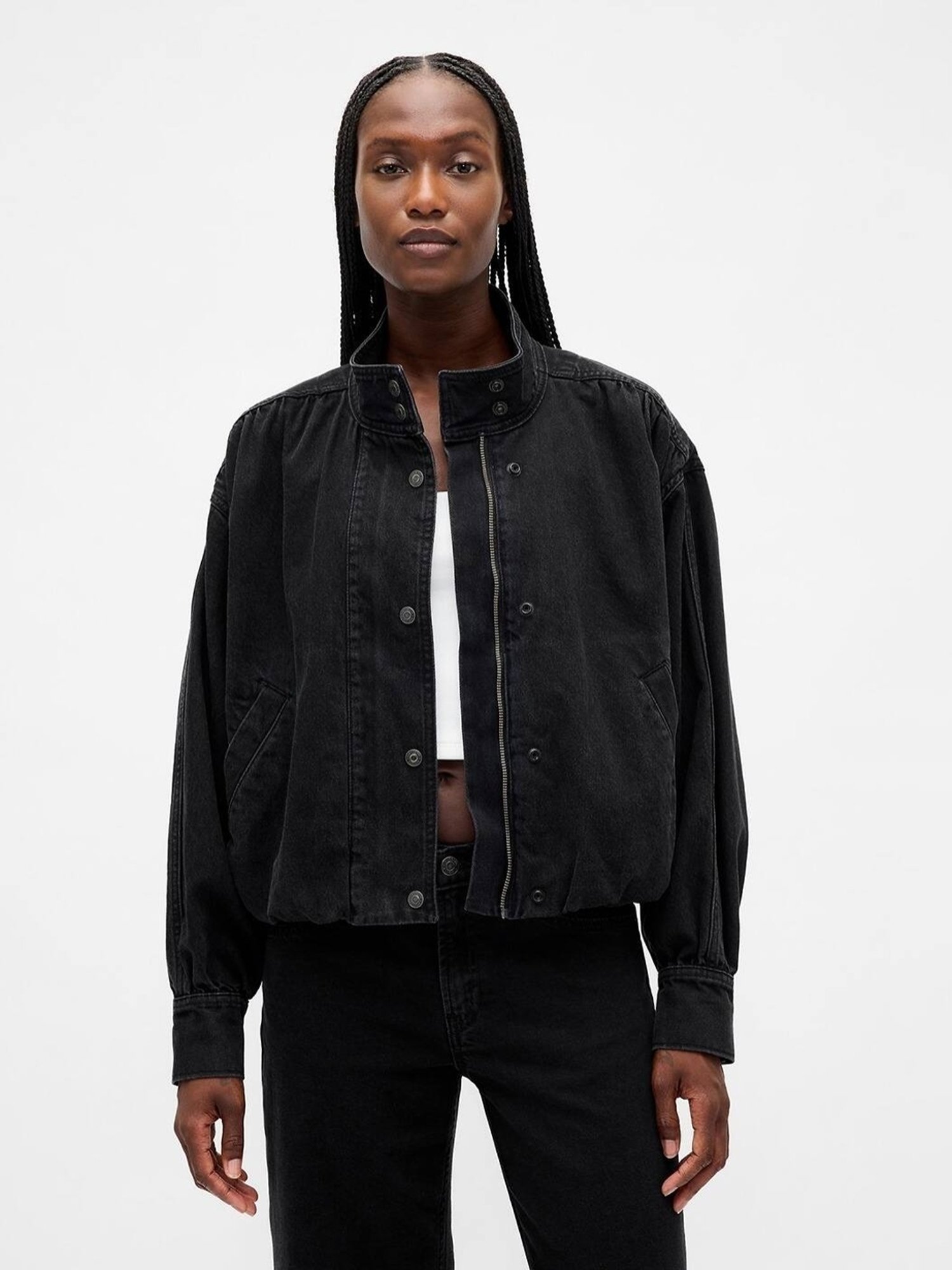 GAP ジップブルゾン ブラック ミニマルジャケット オリーブ切替 GAP Black Solid Long Sleeves Relaxed Fit Jacket