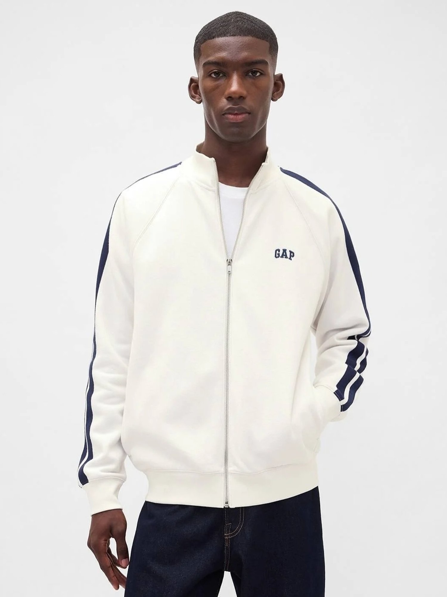 GAP White Striped Relaxed Fit Long Sleeves Track Jacket
