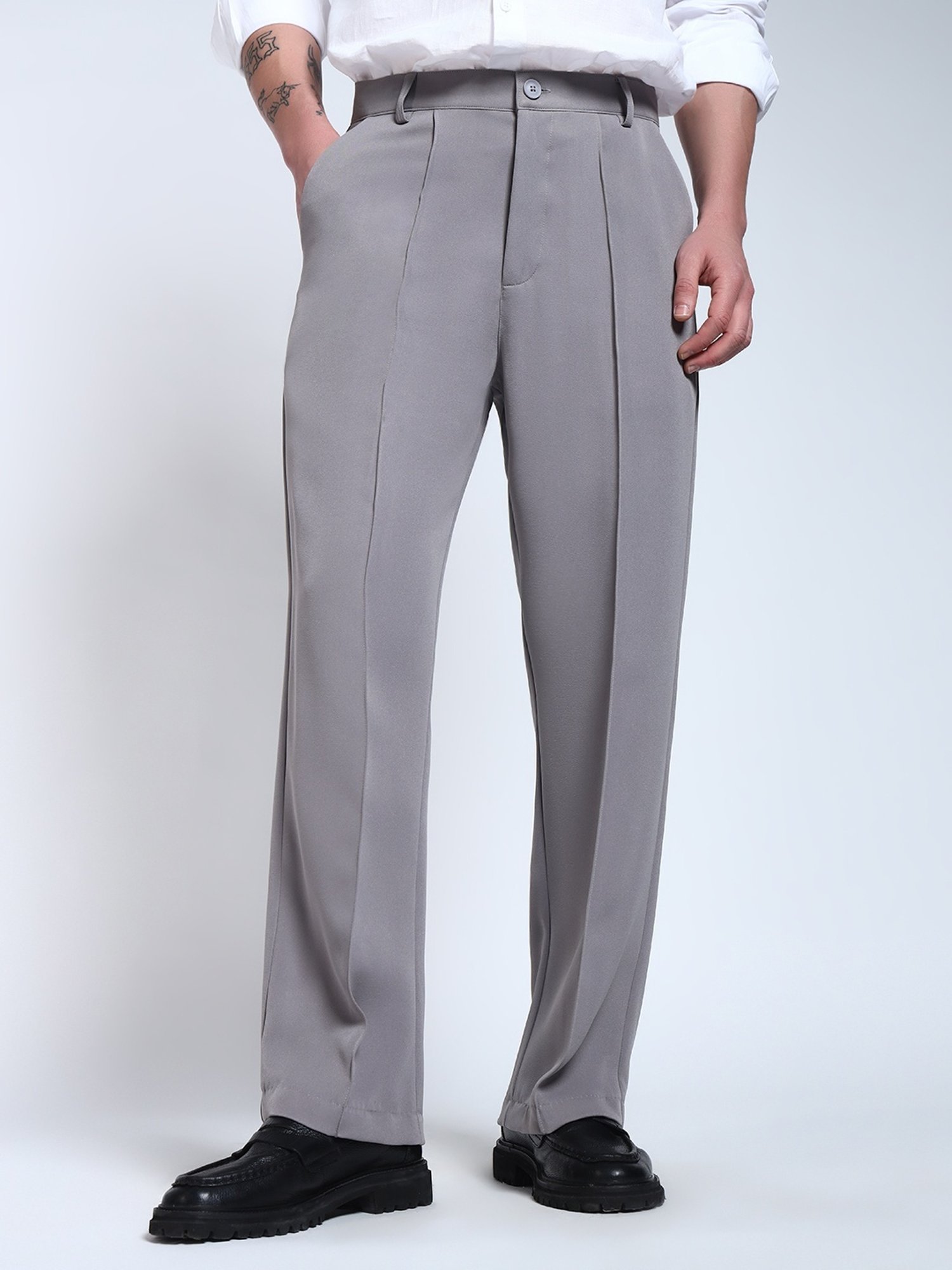 Perch Grey Banana Crepe Loose Fit Pintuck Korean Pants