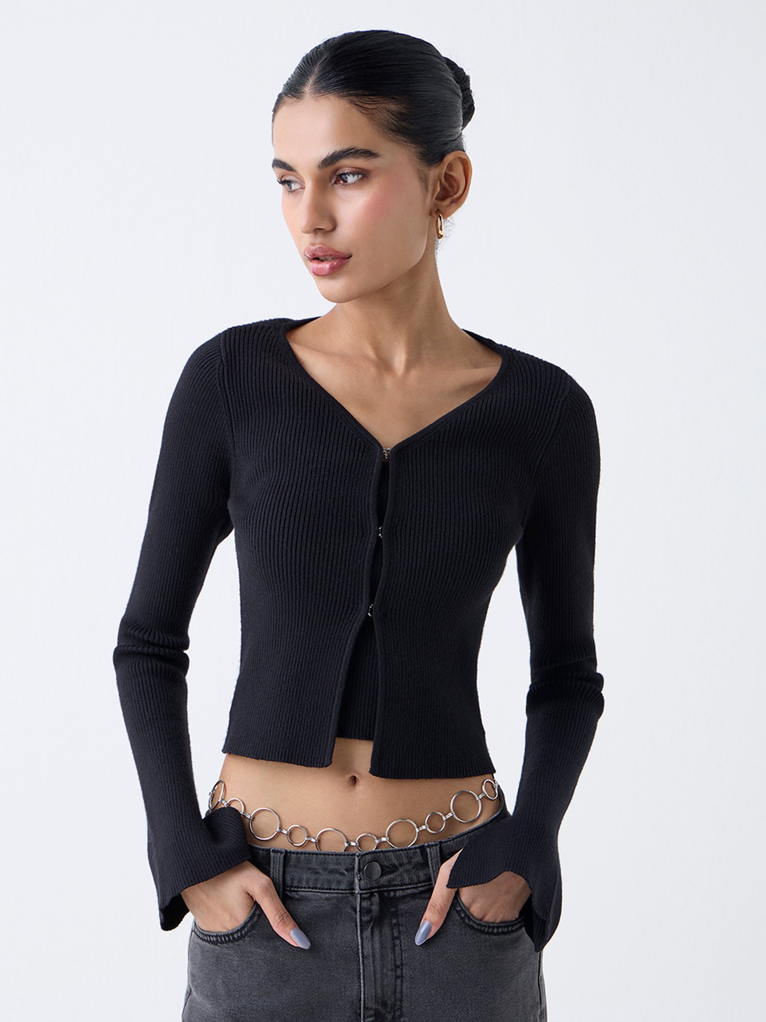 Nuon by Westside Black Ribbed Textured Cardigan with Inner