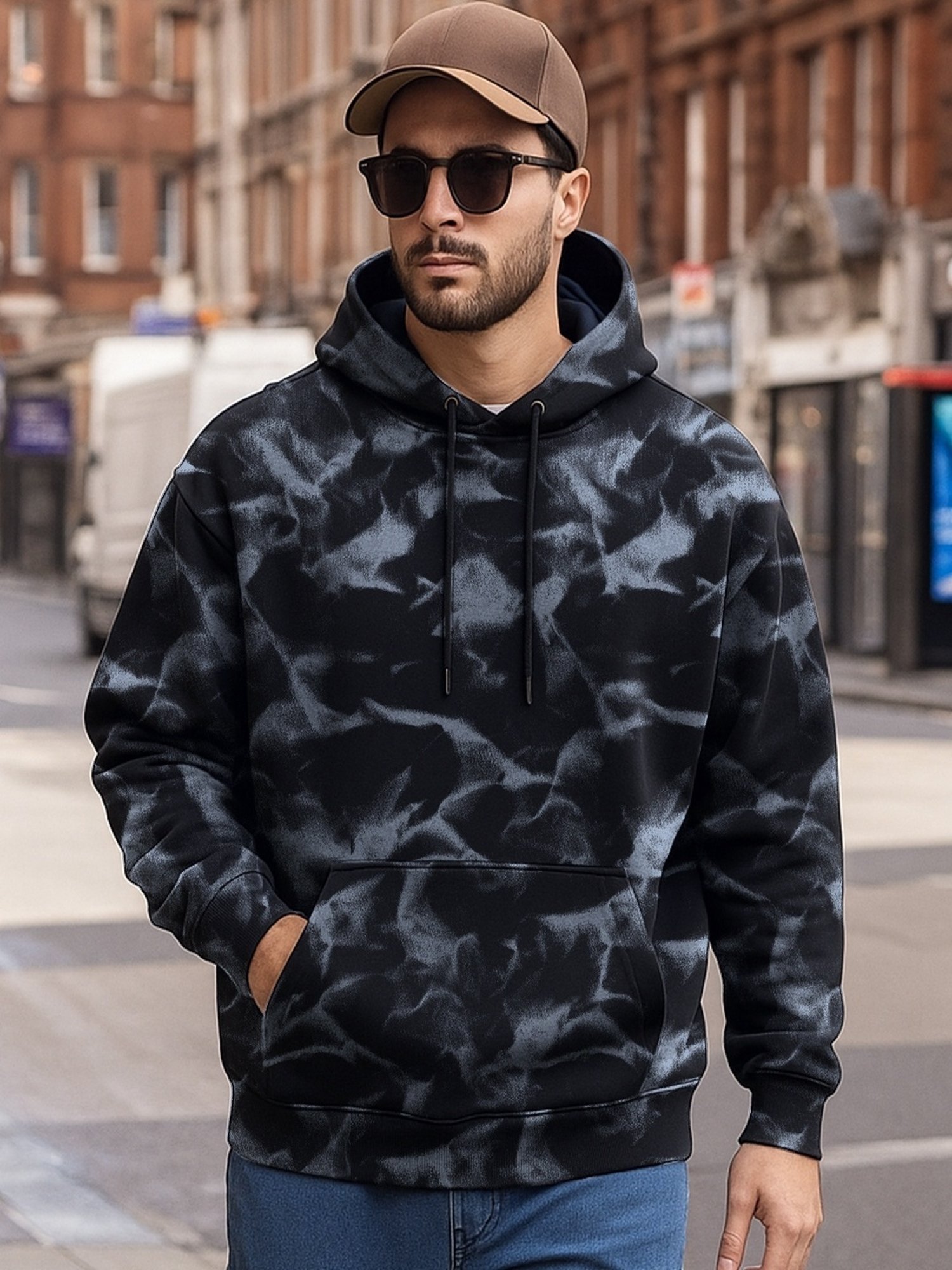 Bewakoof Men's Black Tie & Dye Oversized Hoodie