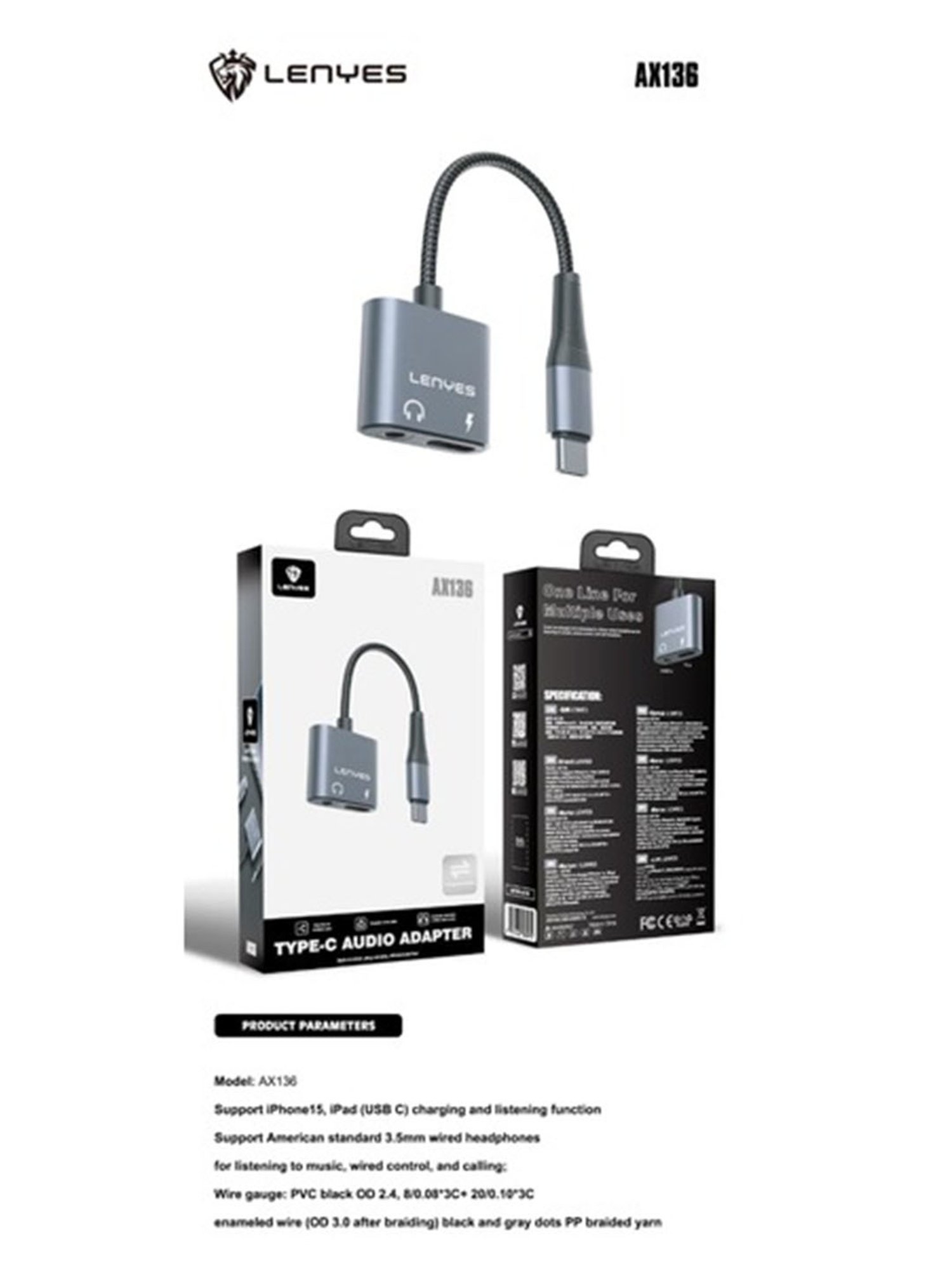 alys - Modal Source 1〜2.5 Lenyes AX136, 2 in 1 Type C to 3.5mm AUX/C to C, Type-C Audio Adapter