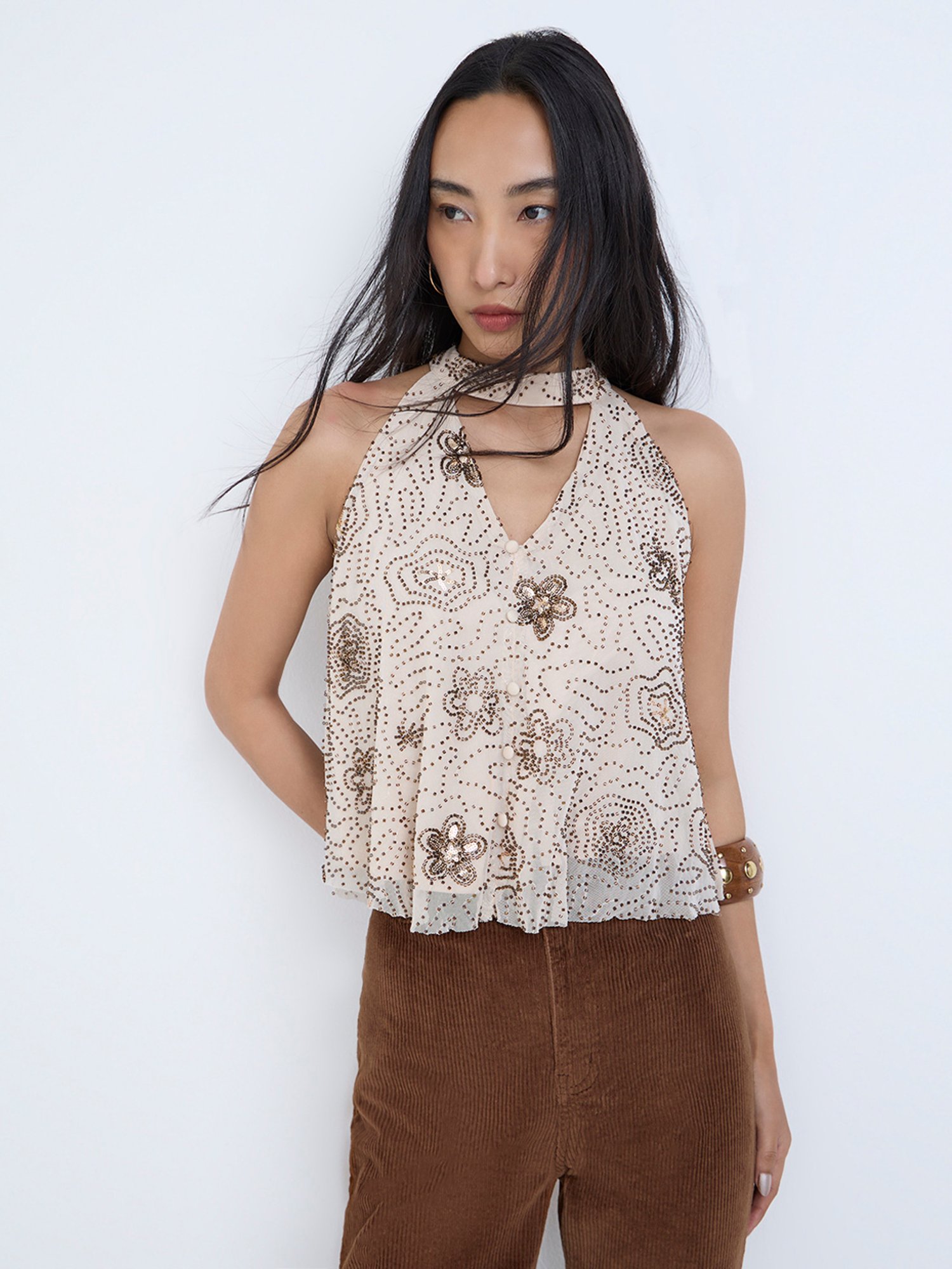LOV by Westside Cream Embellished Halter-Neck Top