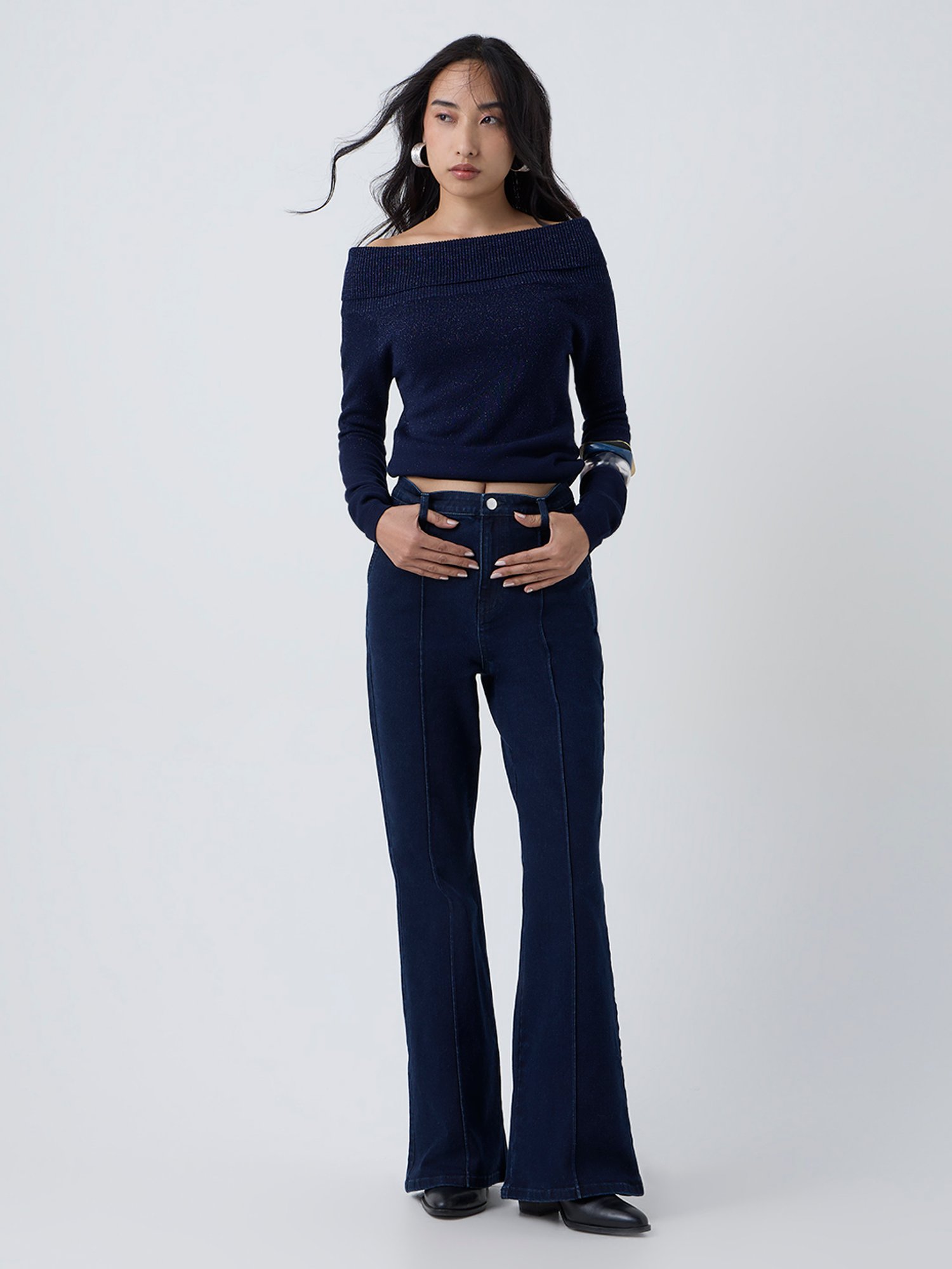 LOV by Westside Navy Knit-Textured Off-Shoulder Top