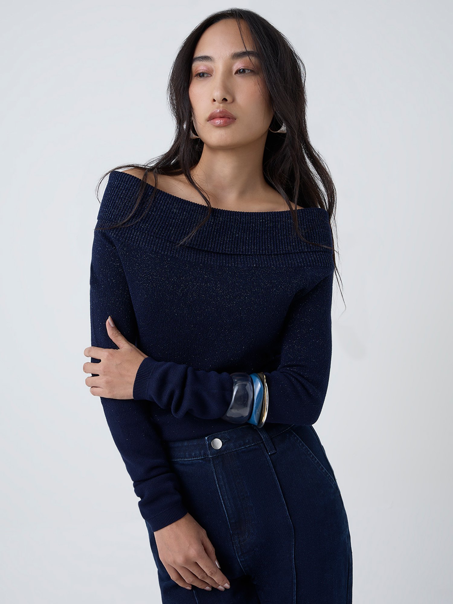 LOV by Westside Navy Knit-Textured Off-Shoulder Top