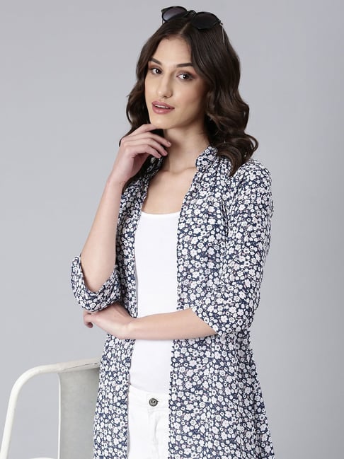 SHOWOFFFF Navy & White Floral Print Long Shrug-picture-44