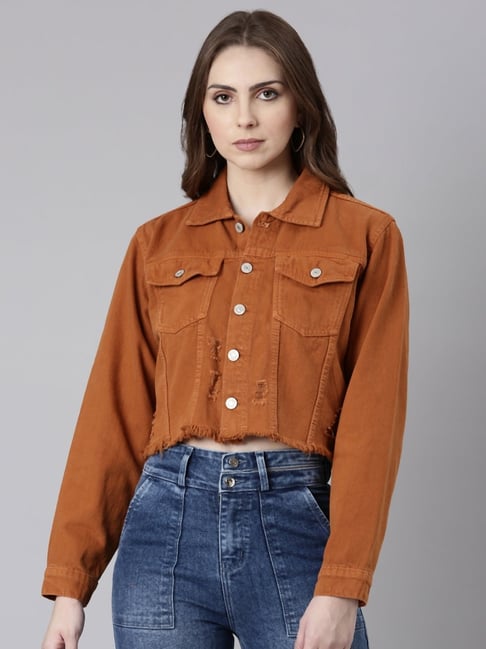 SHOWOFFFF Rust Regular Fit Crop Denim Jacket
