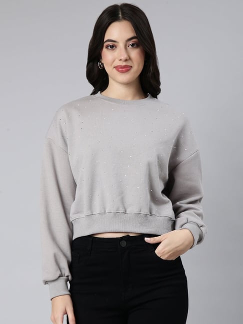 Buy SHOWOFF Grey Self Design Crop Sweatshirt for Women Online