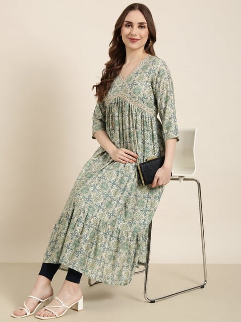 SHOWOFFFF Sea Green Printed Anarkali Kurta-picture-36