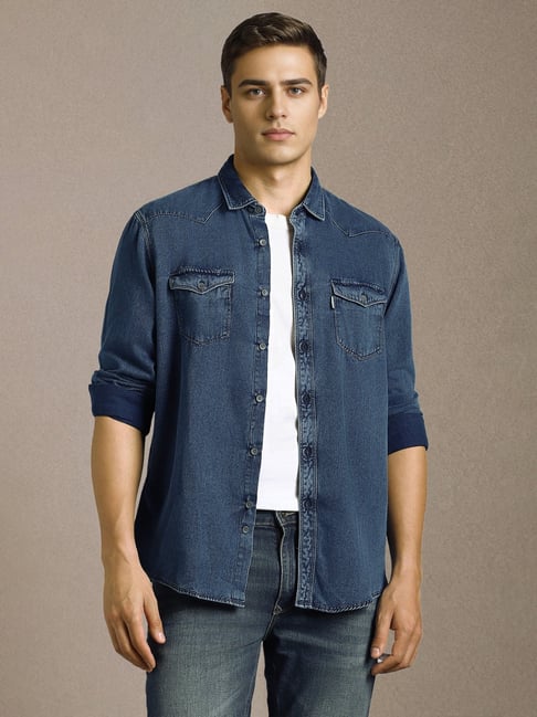 Louis Philippe Blue Cotton Slim Fit Denim Shirt