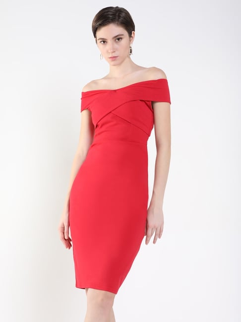 SHOWOFFFF Red Cotton Regular Fit Bodycon Dress