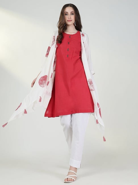 SHOWOFFFF Red & White Embellished Kurta With Overcoat-picture-41